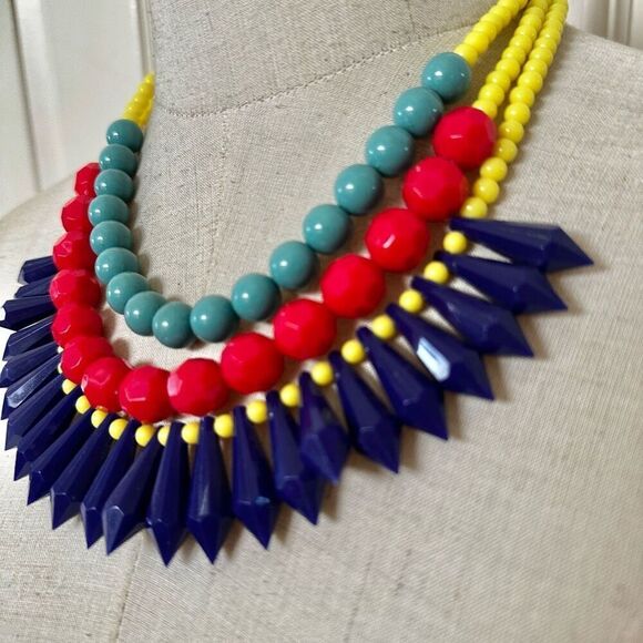 Yellow beaded red and green and blue statement necklace - Picture 2 of 7